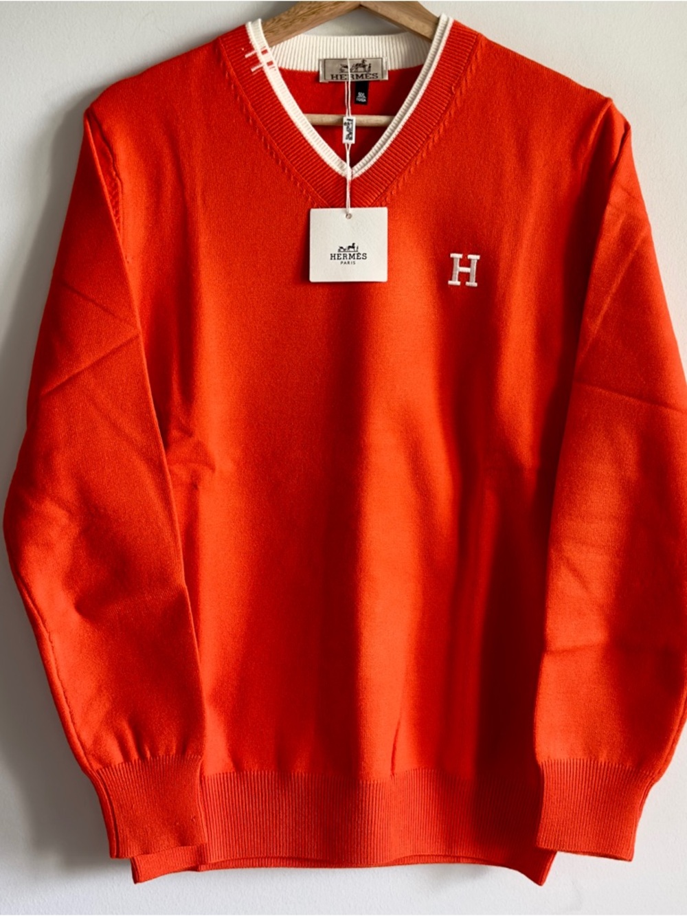 Hermes Orange V-Neck Sweater with White Trim ( Unisex) - Picture 2 of 7